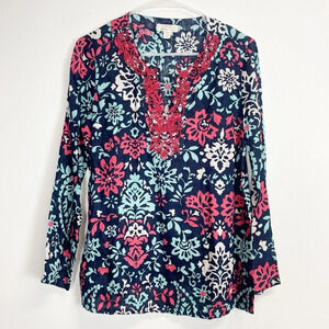 Charter Club Tunic Womens Size Medium Petite Navy Blue Coral Beaded Blouse Shirt